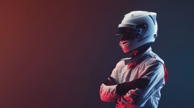 Professional Racing Driver in White Suit and Helmet Posing with Arms Crossed photo