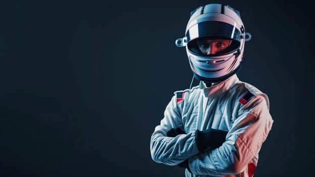 Professional Racing Driver in Full Race Suit and Helmet Standing with Arms Crossed in Studio Shot photo