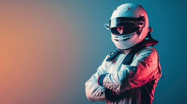 Confident Racing Driver in Helmet and Suit Standing with Arms Crossed photo