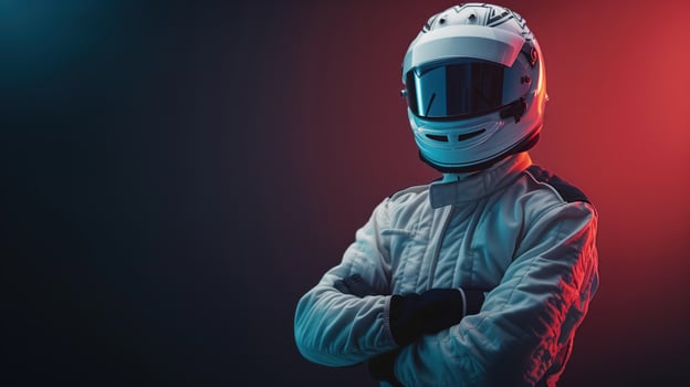 Medium Shot of Confident Racing Driver in White Suit and Helmet Under Dramatic Lighting photo