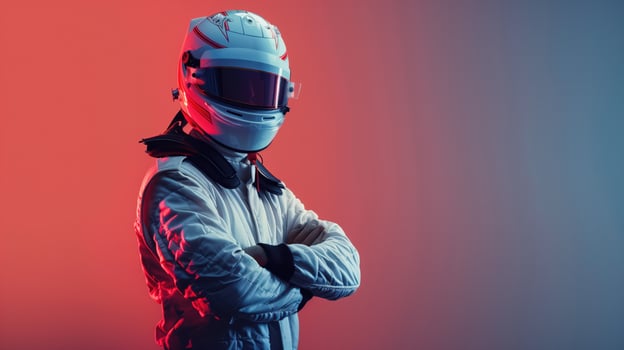 Confident Racing Driver in Helmet and Suit Standing with Arms Crossed in Studio Lighting photo