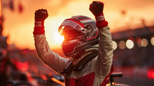 Formula 1 Driver Celebrates Victory at Sunset with Raised Arms in Triumph photo