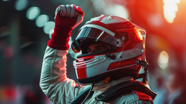 Formula 1 Driver Celebrates Victory with Raised Fist at Sunset photo