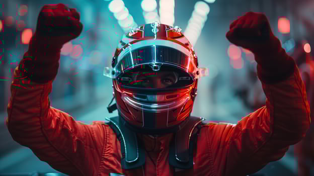 Formula One Driver Celebrating Victory with Raised Arms in a Race Track Environment photo