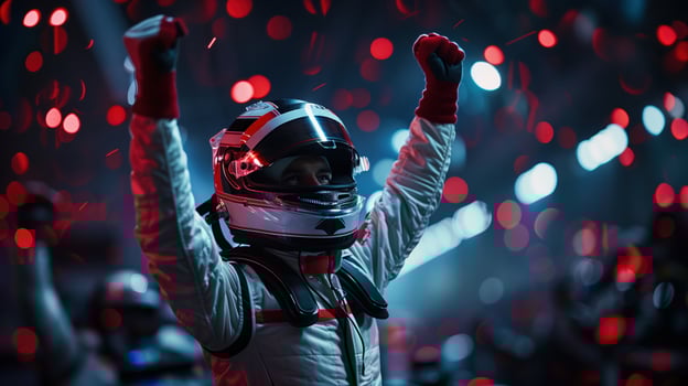 Formula 1 Driver Celebrates Victory With Raised Arms Amidst Festive Lights photo