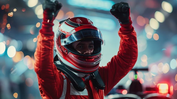 Formula 1 Driver Celebrates Victory with Fist Pump at Nighttime Circuit photo