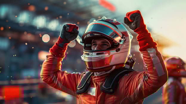 Formula 1 Driver Celebrates Victory with Raised Fists on the Podium photo