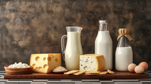 Assorted Dairy Products Including Milk, Cheese, Cottage Cheese, and Eggs Arranged on Wooden Table photo