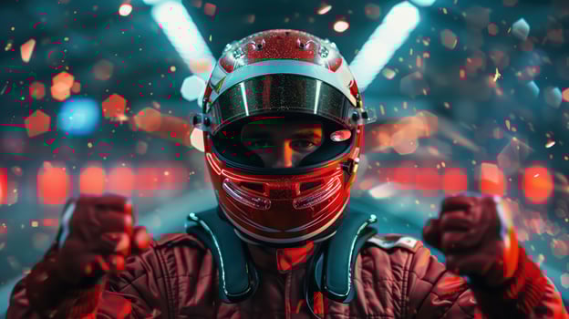 Formula 1 Driver Celebrates Victory with Fist Pump in Racing Helmet and Suit photo