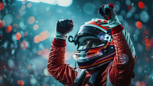 Formula 1 Driver Celebrates Victory with Raised Arms in Racing Suit and Helmet photo