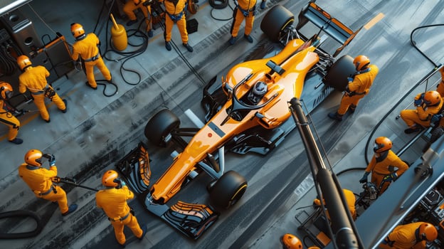 High-Angle View of Formula One Pit Stop Crew Working on Race Car photo