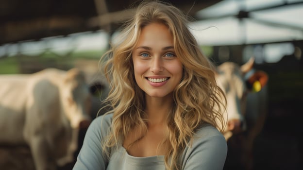 Smiling Woman with Healthy Teeth on a Farm with Cows in the Background photo
