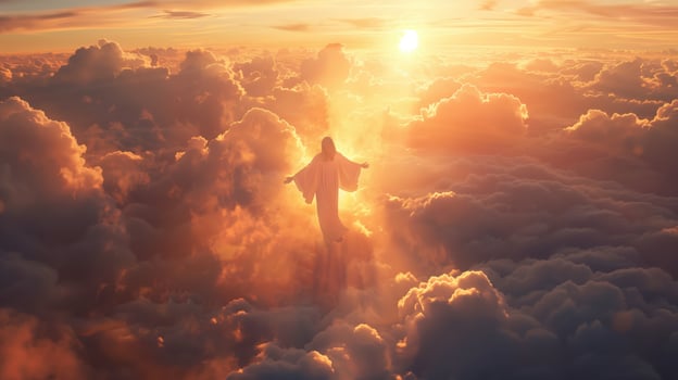 Jesus Christ Flying Among The Clouds With Backlight During Sunset photo