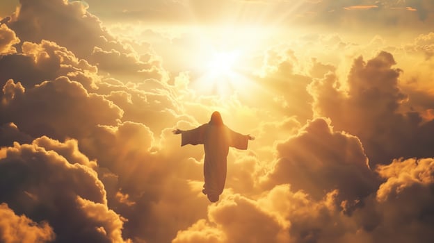 Jesus Christ Flying Among The Clouds with Backlight and Glorious Sky photo