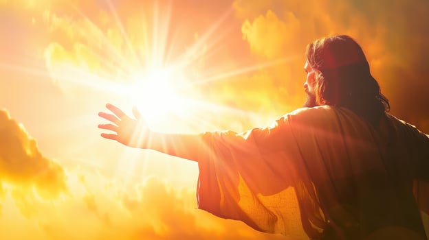 Jesus Christ Reaching Out His Hand Towards Bright Heavenly Light photo