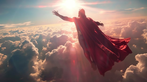 Jesus in Superman Costume Flying Above Clouds with Outstretched Arms in the Sky at Sunset photo