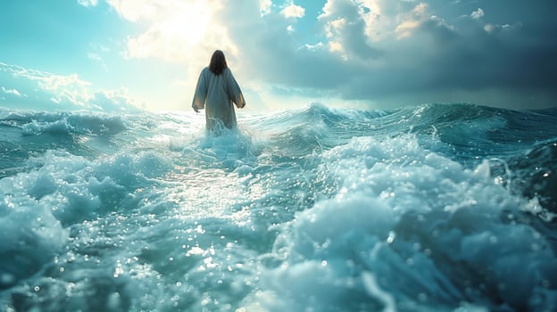 Jesus Christ Walking On Water in a Miraculous Scene on the Sea of Galilee with Serene Sky photo
