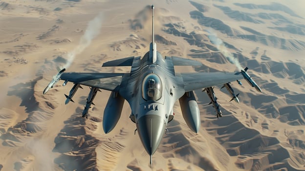F-16 Fighter Jet Flying High Above The Desert In Strategic Military Operation photo