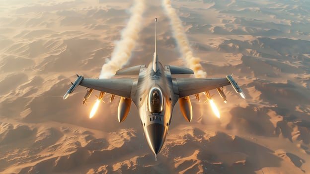 F-16 Fighter Jet Flying Above the Desert at High Altitude During a Military Mission photo