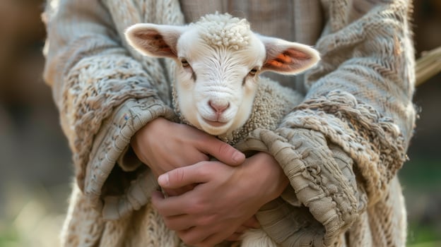 Close-Up of Tender Hands Holding a Small Lamb in a Pastoral Setting photo
