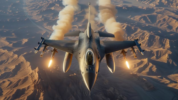 F-16 Fighter Jet Flying High Above the Desert with Missile Smoke Trails photo