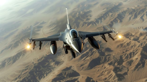 F-16 Fighter Jet Soaring Above Desert Landscape at High Speed photo