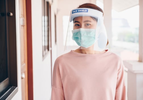 Asian woman wearing mask and face shield before going outside her room for prevent and protection covid-19 virus disease. Conceptual of new normal lifestyle after Covid-19 pandemic outbreak. photo