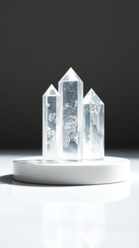 Clear Quartz Crystal Points on White Round Platform photo