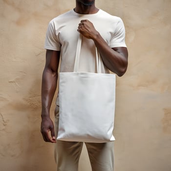 Tote bag mockup. Young African American man carrying white reusable cotton linen eco organic fabric canvas blank totebag on yellow background. photo