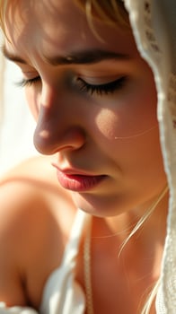 Close-up Portrait of a Young Woman with Blonde Hair Looking Down, Wearing White Knitted Clothing photo