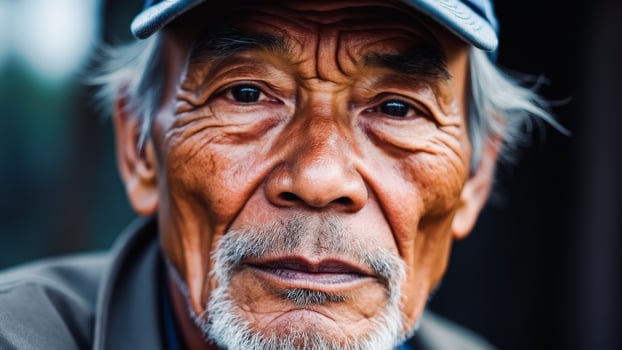 Close-up Portrait of an Elderly Asian Man with a Grey Beard and Wrinkles photo