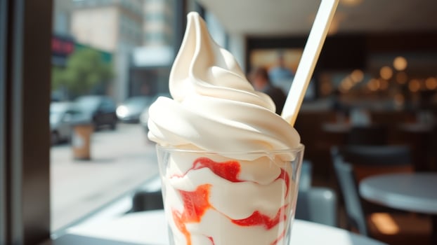 Close Up of Strawberry Swirl Soft Serve Ice Cream in a Glass photo