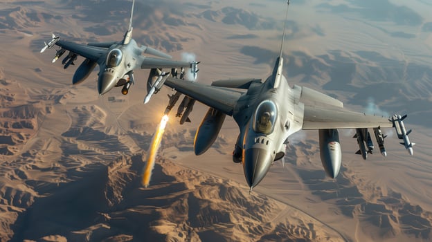 Two F-16 Fighter Jets Flying High Above the Desert Landscape photo