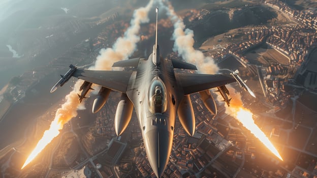Two F-16 Warplanes Flying High Above The City in a Dramatic Aerial Display photo