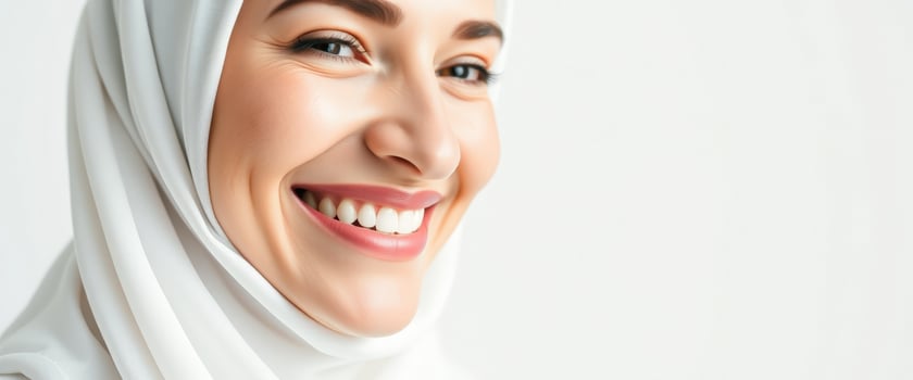 Close up portrait of smiling woman wearing hijab photo