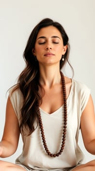 Woman meditating with a wooden bead necklace photo