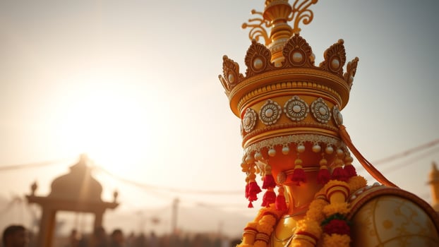 Close Up of Golden Statue Decorated with Flowers and Tassels photo