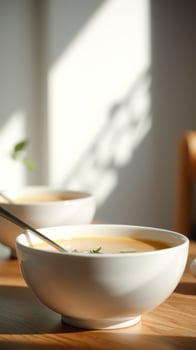 Bowl of soup in sunlight photo
