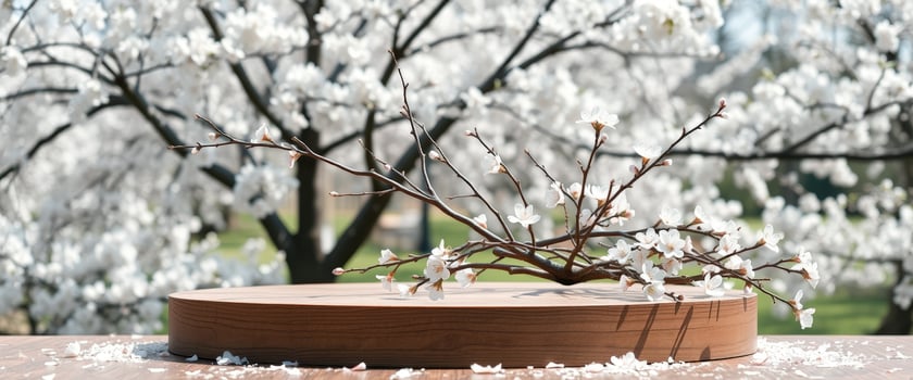 Cherry Blossom Branch on Wooden Platform photo