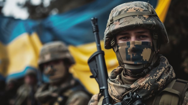 Ukrainian Soldiers in Full Gear Standing Proudly in Front of National Flag photo