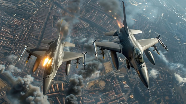 Two F-16 Warplanes Flying High Above The City Amidst Smoke Trails During a Mission photo