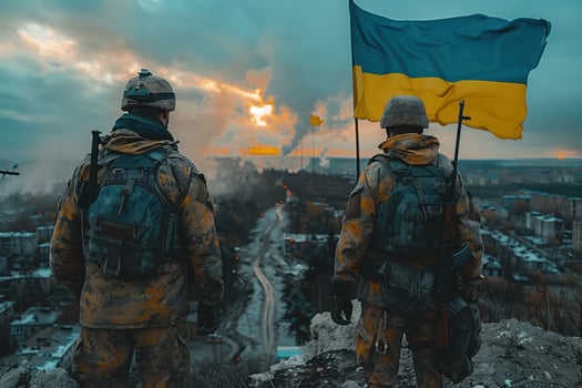 Ukrainian Soldiers Standing Proud with Flag Against Dramatic Sky photo