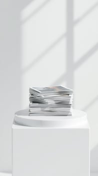 Stack of magazines on a white pedestal photo