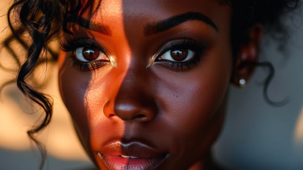 Close-up portrait of a woman's face with dark curly hair and soft lighting photo
