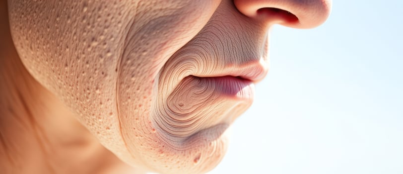 Close-up of wrinkled skin on an older person's face photo