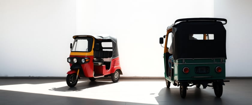 Two auto rickshaws parked in front of a white wall photo