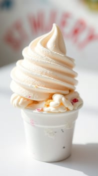Closeup of a single serving of soft serve ice cream with sprinkles in a white cup photo