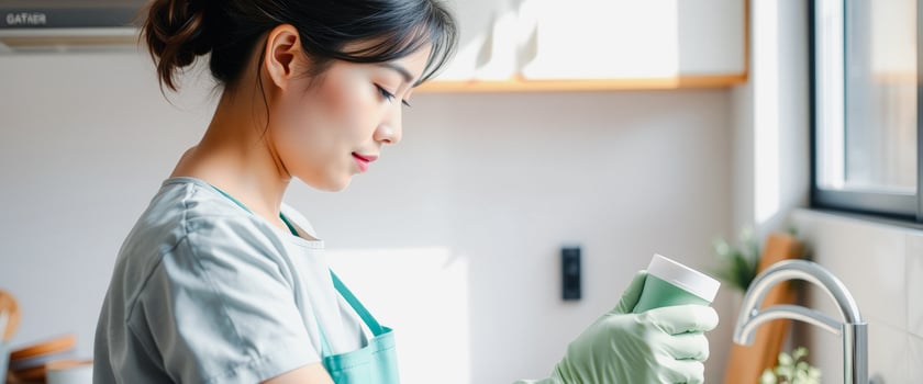 Young Woman Cleaning Kitchen Sink with Gloves and Cleaning Solution photo