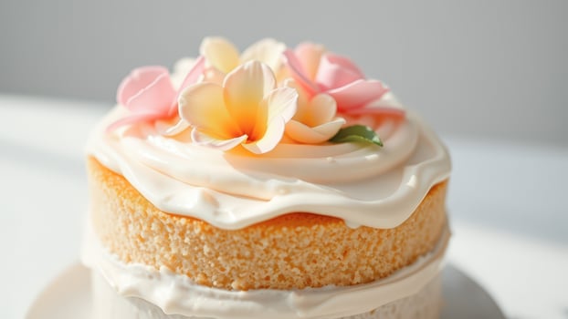 Close Up of a Delicious Cake with White Icing and Pink and Yellow Flowers photo