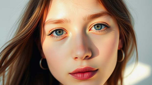 Close-up portrait of a young woman with blue eyes and natural makeup photo